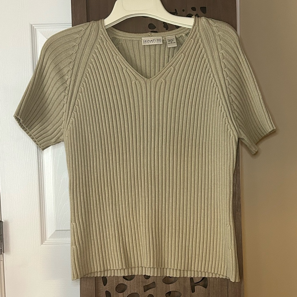 Signature Extensions V-Neck Ribbed Sweater in Light Olive/Tan